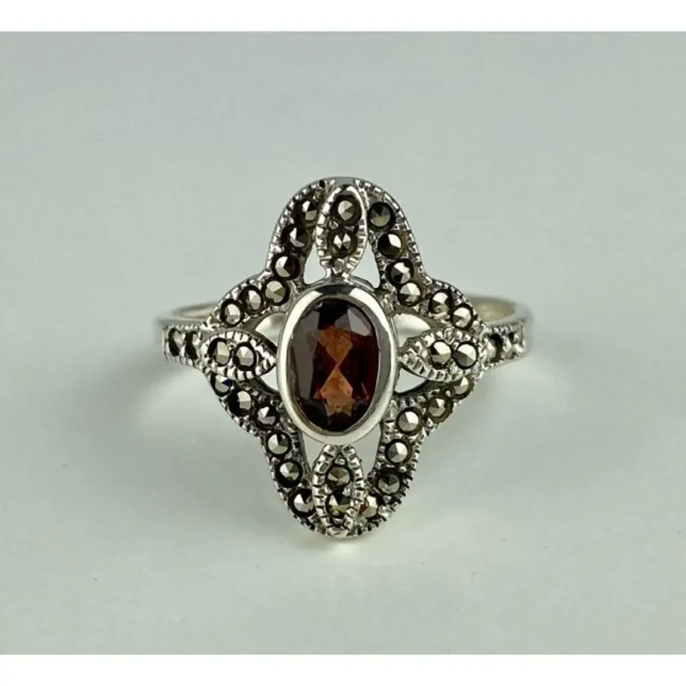 925 Sterling Silver Almandine & Marcasites Ring Size 7
